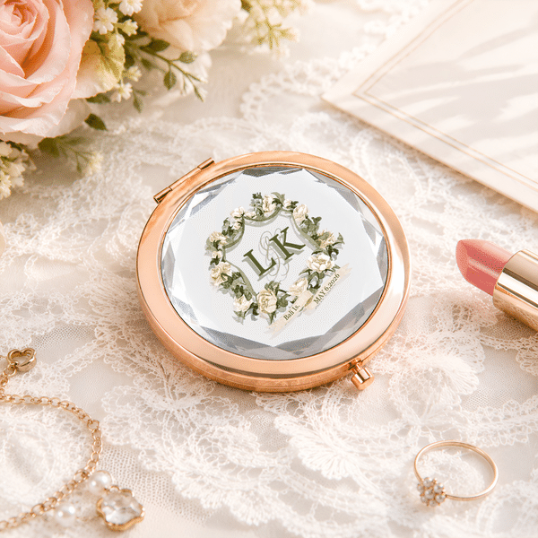 Personalised Floral Pocket Makeup Mirror with Initial Location and Date Bachelor Party Wedding Gift for Bride Bridesmaid