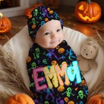 Ensemble d'emmaillotage et de bonnet à nœuds personnalisé citrouille fantôme toile d'araignée avec nom Halloween Baby Shower Birthday Gift for Newborns (Cadeau d'anniversaire pour nouveau-né)