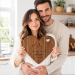 Personalisiertes, minimalistisches „Heart to Heart“-Schneidebrett mit den Namen des Paares und dem Datum, inklusive Messer und Gabel – Hochzeits-, Party- oder Jubiläumsgeschenk für frisch Verheiratete