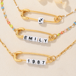 Personalized Dainty Y2K Fashion Style Zodiac Bead Safety Pin Necklace with Number and Initial Anniversary Birthday Gift for Girls