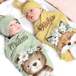 Set di coperte e cappelli in cotone al 100% con nome, regalo di compleanno per neonati, personalizzato con corona di fiori e animali.
