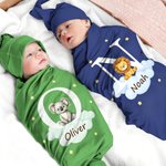 Personalized Multi-colour Cute Animal 100% Cotton Soft Swaddle and Knot Hat Set with Initial and Name Baby Shower Baptism Gift for Newborn