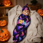 Ensemble d'emmaillotage et de bonnet à nœuds personnalisé citrouille fantôme toile d'araignée avec nom Halloween Baby Shower Birthday Gift for Newborns (Cadeau d'anniversaire pour nouveau-né)