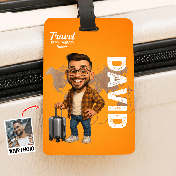 Personalized 3D-Effect Artwork Character Photo Waterproof Luggage Tag with Name Travel Accessory Birthday Gift for Travel Lovers Family Friends