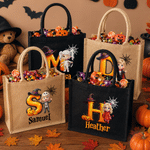 Personalised Pumpkin Halloween Cartoon Ghost Character Jute Tote Bag with Name Halloween Party Gift for Boys Girls