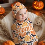 Personalised Pumpkin Flower 100% Cotton Swaddle and Knot Hat Set with Name First Halloween Baby Shower Birthday Gift for Baby Newborns