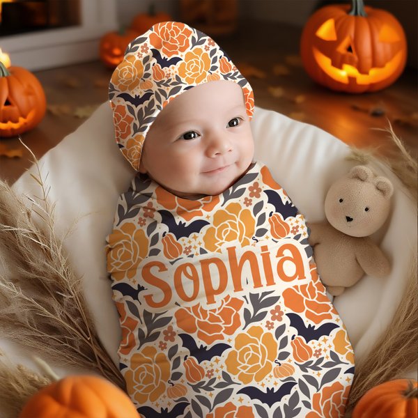 Personalisierte Kürbis Blume 100% Baumwolle Swaddle und Knoten Hut Set mit Namen ersten Halloween Baby Dusche Geburtstag Geschenk für Baby Neugeborene