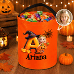 Personalized Halloween Theme Kid Photo LED Light Bucket Bag with Name and Initial Trick or Treat Halloween Party Gift for Boys Girls