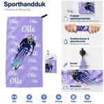 Personlig snabbtorkande sporthandduk med tryckt cykelsilhuett och namn samt snodd för cykling och gruppträning