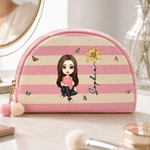 Trousse a righe personalizzata con personaggio dei cartoni animati e fiore del mese di nascita, con nome: regalo per l'uso quotidiano, i viaggi, matrimoni, feste e compleanni per la sposa, la damigell