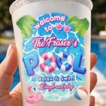 Personalised Summer Resort Pool Theme 12 oz 16 oz Frosted Plastic Cups with Text Set of 10 Pool Party Favor Gift for Bride Bridesmaid