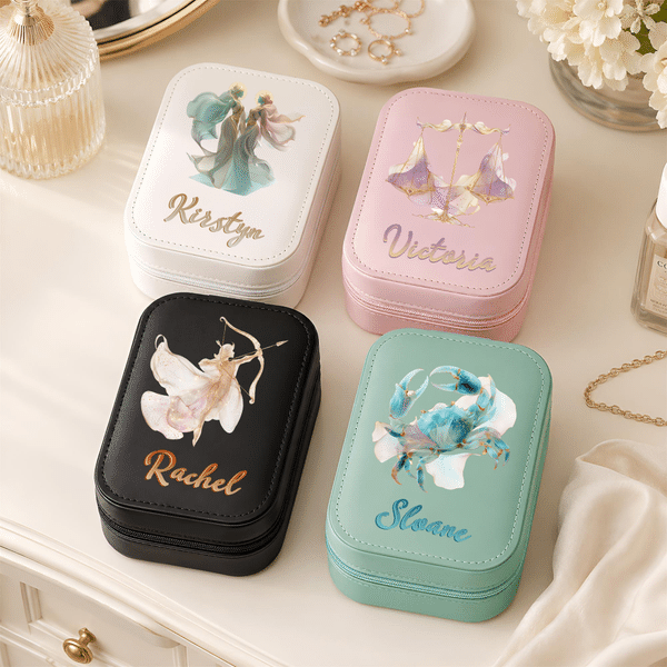 Personalized Zodiac PU Leather Jewellery Box with Name and LED Three-Colour Adjustable Makeup Mirror Birthday Gift for Zodiac Lovers