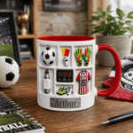 Spersonalizowany ceramiczny kubek do kawy o pojemności 11 oz lub 15 oz z motywem piłkarskim, z imieniem i numerem na koszulce – do codziennego użytku, na mecz klubowy lub jako prezent urodzinowy dla p