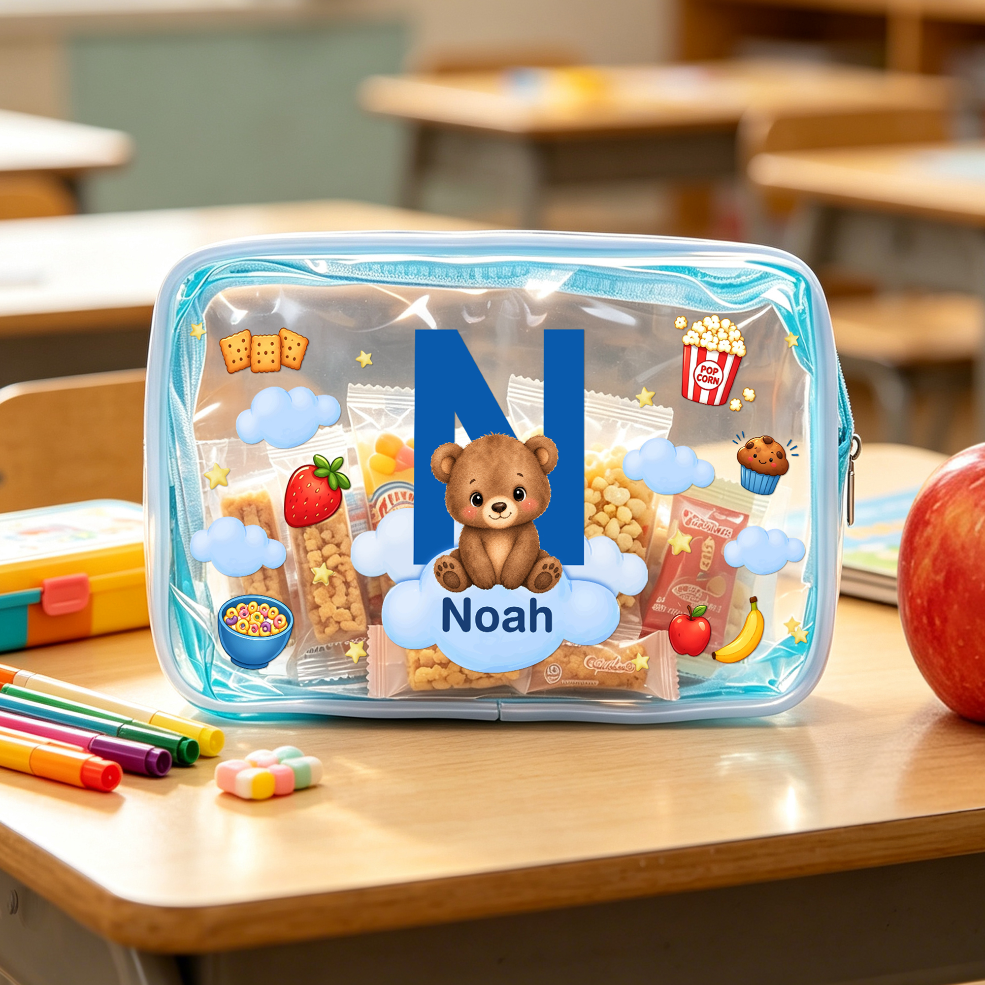 Individuell gestaltete, tragbare, wasserdichte, durchsichtige Snack-Tüte mit Tier-Cartoon-Motiv, Namen und Initialen – ideal für Reisen, den Alltag, den Schulanfang und als Geburtstagsgeschenk für Jun