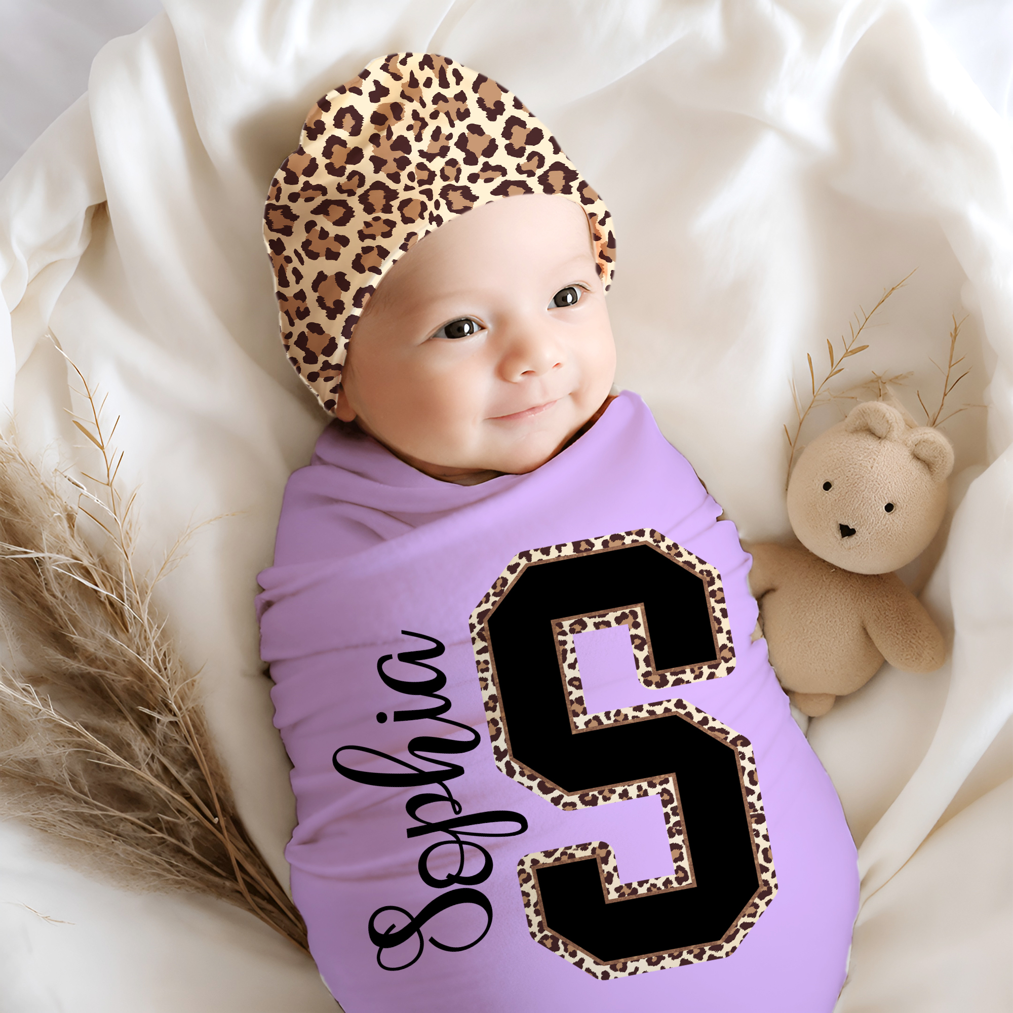 Personalisierte Leopard Initial Name 100% Baumwolle Swaddle und Knoten Hut Set Baby Dusche Geburtstag Geschenk für Neugeborene