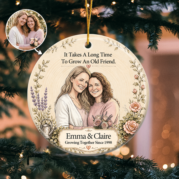 Personalized Vintage Watercolor Photo Floral Round Ceramic Ornament with Name and Text Christmas Gift for Friends Sisters