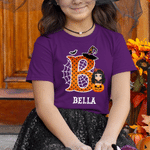 Personalised Cartoon Boy Girl Pumpkin Spider Witzard Initial 100% Cotton T-Shirt with Name Halloween Party Gift for Kids