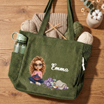 Personalised Knitted Cartoon Character Large Capacity Corduroy Tote Bag with Name and Photo Birthday Anniversary Gift for Women Knitting Lovers