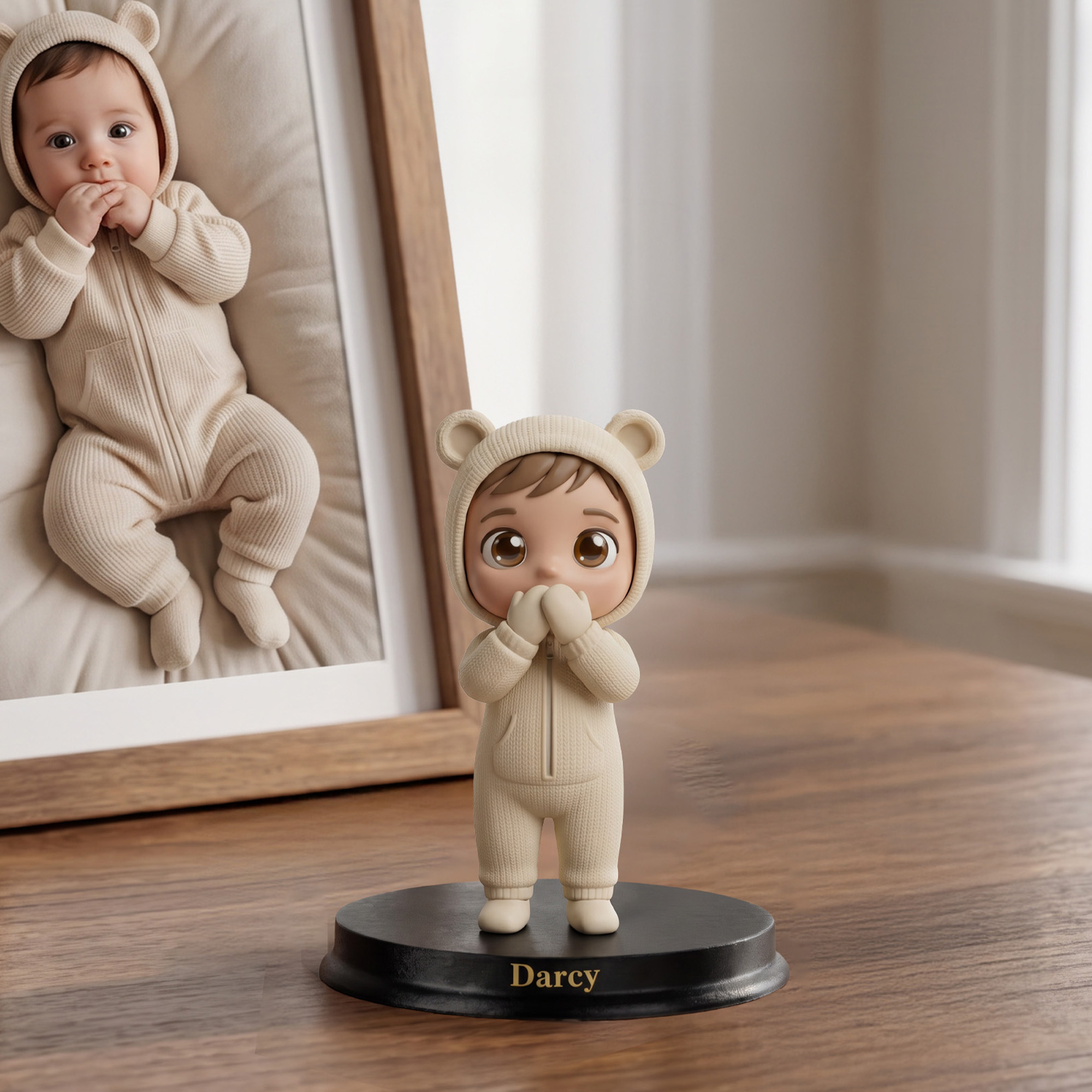 Personalisierte 3D-Foto-Babyfigur mit Text und Holzsockel – Schlafzimmerdekoration und Geburtstagsgeschenk für frischgebackene Mütter, Väter und Eltern