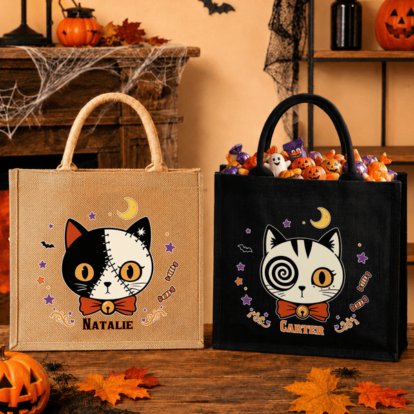 Personalised Halloween-Themed Fun Cat Head Large Capacity Jute Tote Bag with Name Halloween Party Gift for Family Kids