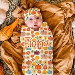 Personalised Pumpkin Flower 100% Cotton Swaddle and Knot Hat Set with Name First Halloween Baby Shower Birthday Gift for Baby Newborns