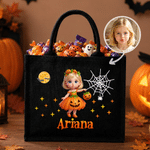 Personalized Halloween Witch Pumpkin Ghost Cartoon Kid Photo Large Capacity Jute Bag with Name Halloween Party Trick or Treat Activity Gift for Kids
