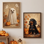 Personalised Halloween Themed Oil Painting Style Pet Photo Canvas Prints with Name Home Decor Halloween Gift for Pet Lover