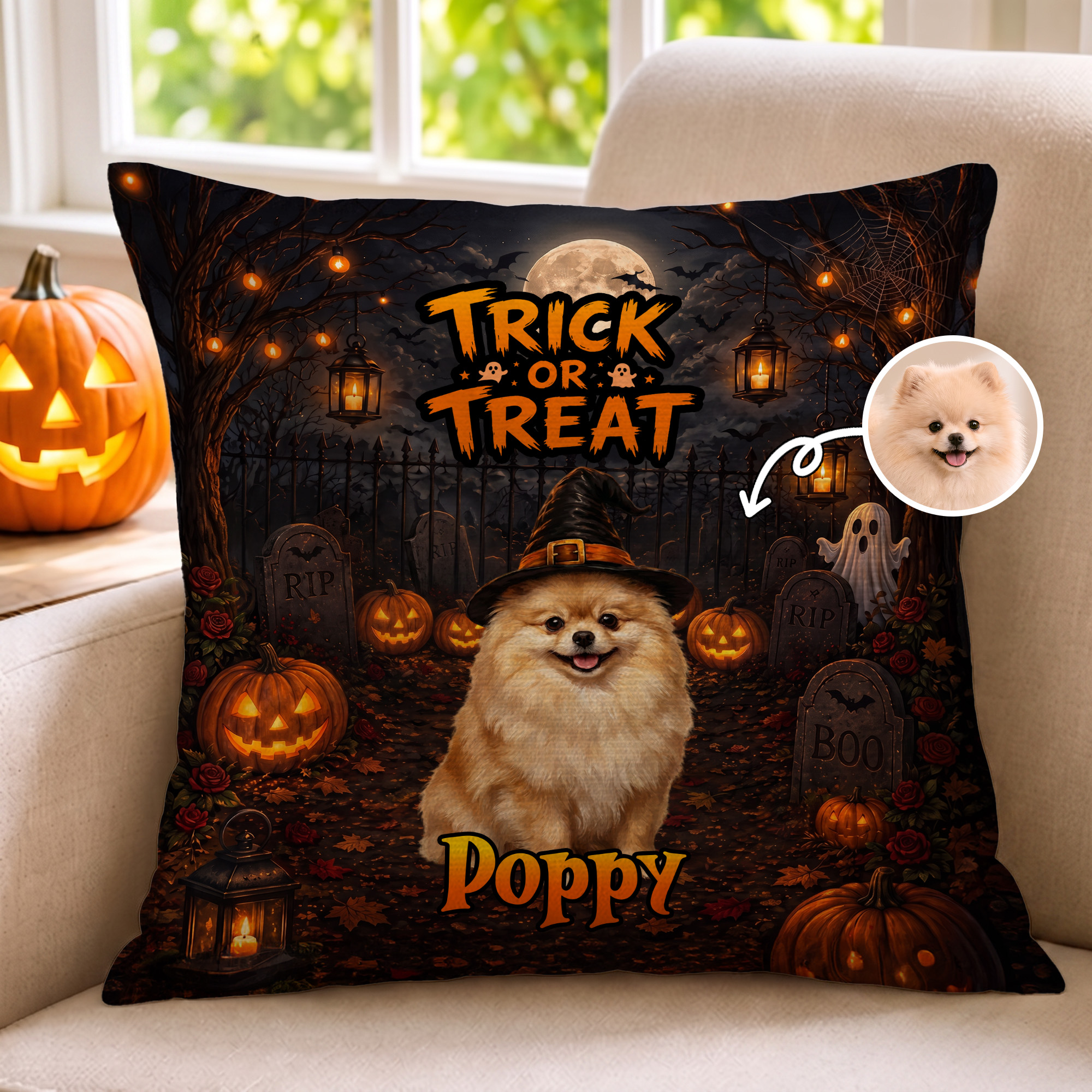 Individuell gestalteter, weicher Kissenbezug mit Foto Ihres Haustiers und einem Halloween-Hexenhut sowie Namen – Wohnaccessoire und Halloween-Partygeschenk für Tierliebhaber