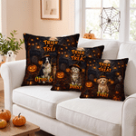 Spersonalizowana poszewka na poduszkę dekoracyjną z wizerunkiem zwierzęcia w czapce czarownicy na Halloween oraz imieniem – element wystroju wnętrz, prezent na imprezę halloweenową dla miłośników zwie