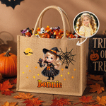 Personalized Halloween Witch Pumpkin Ghost Cartoon Kid Photo Large Capacity Jute Bag with Name Halloween Party Trick or Treat Activity Gift for Kids