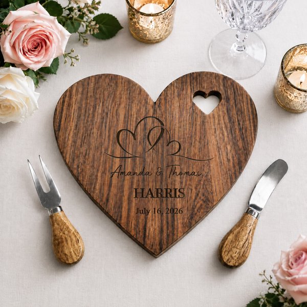 Personalisiertes, minimalistisches „Heart to Heart“-Schneidebrett mit den Namen des Paares und dem Datum, inklusive Messer und Gabel – Hochzeits-, Party- oder Jubiläumsgeschenk für frisch Verheiratete