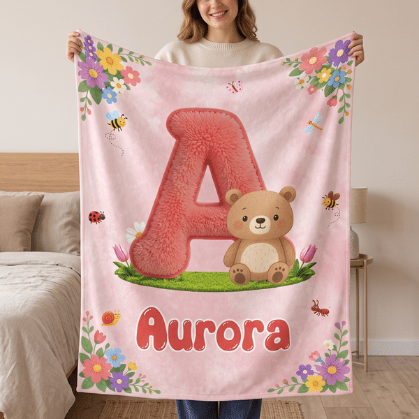 Personalized Cartoon Animal Initial Kids Soft Throw Blanket with Name Daily Use Home Decor Birthday Gift for Kids Boys Girls