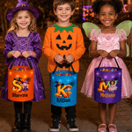 Personalized Halloween Theme Kid Photo LED Light Bucket Bag with Name and Initial Trick or Treat Halloween Party Gift for Boys Girls