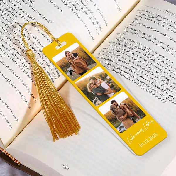 Personalisierter 3-Fotos-Acryl-Lesezeichen | mit Namen und Wunschtext | mit Quaste | Lesezubehör | Geburtstagsgeschenk für Familie und Freunde