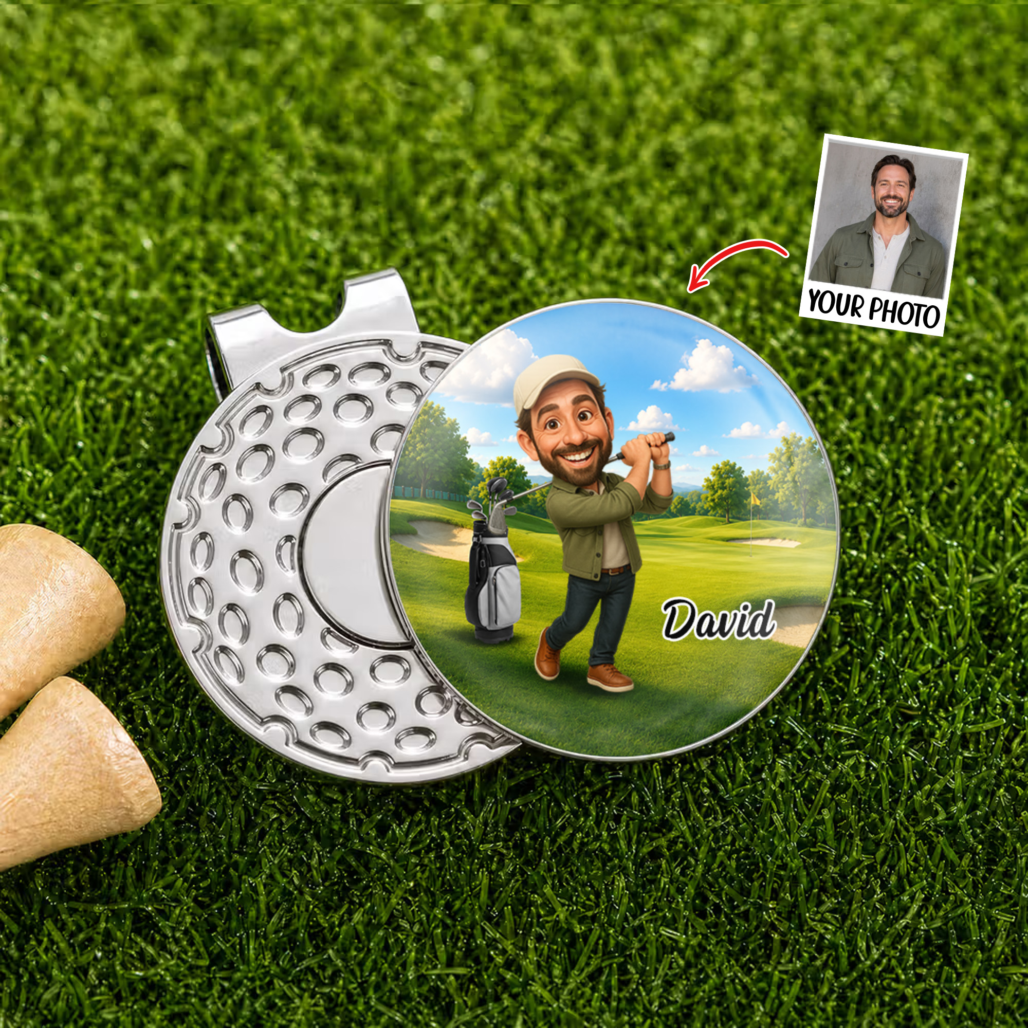 Personalisierter Magnetclip für die Mütze mit 3D-Effekt, Cartoon-Figur, Foto und Namen – Geschenk für Golfliebhaber zum Geburtstag, zum Spieltag oder als Golfclub-Geschenk