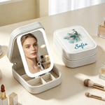 Personalized Zodiac PU Leather Jewellery Box with Name and LED Three-Colour Adjustable Makeup Mirror Birthday Gift for Zodiac Lovers