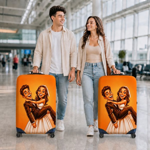 Personalised Exaggerated Comic Photo Luggage Cover Fits 18-32 Inches Suitcase Daily Use Travel Accessories Birthday Gift for Travel Lovers Couples