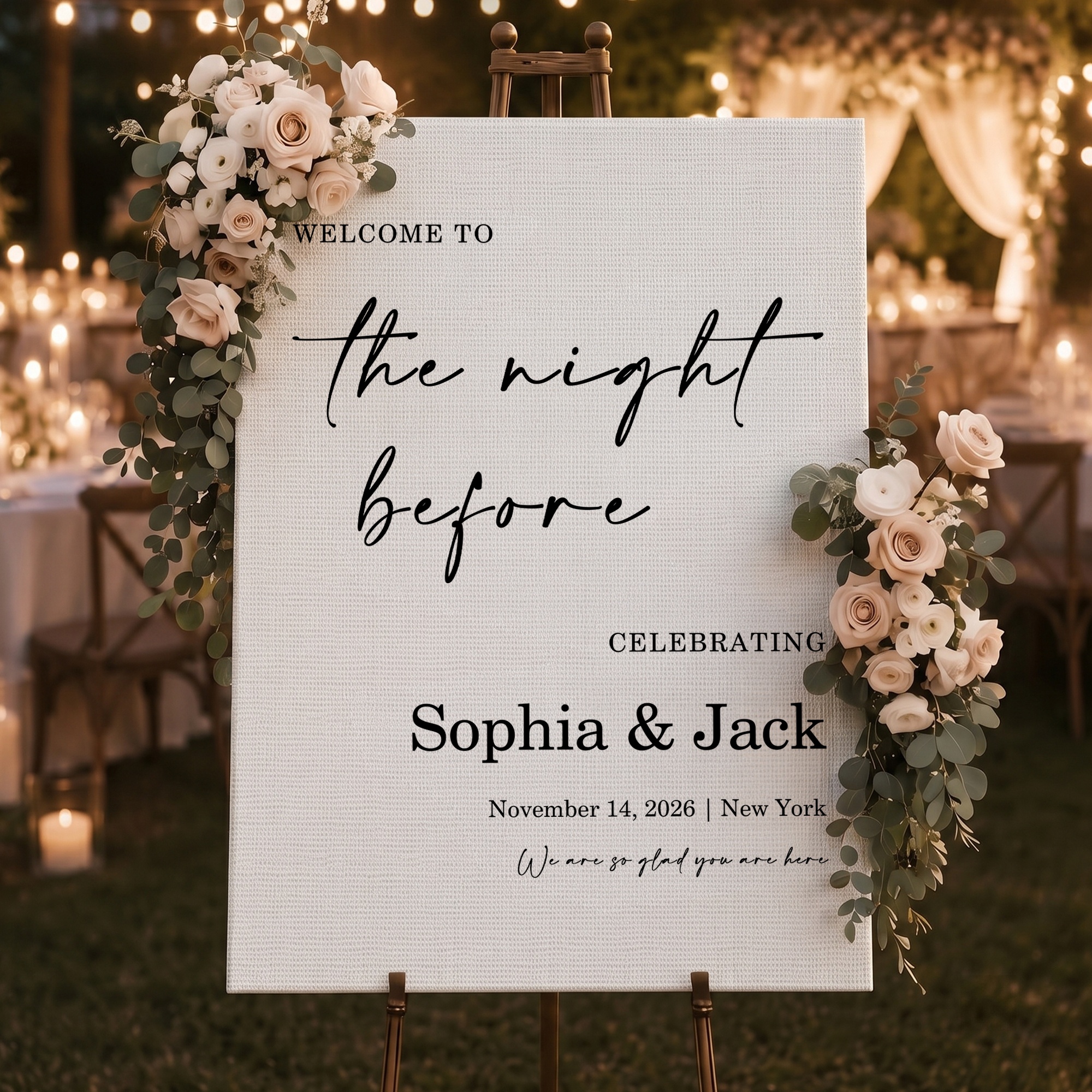 Individuell gestaltetes, minimalistisches Blumen-Willkommensplakat „Welcome to the Night Before Celebrating Wedding“ mit Namen und Text – Hochzeitsgeschenk für das Brautpaar