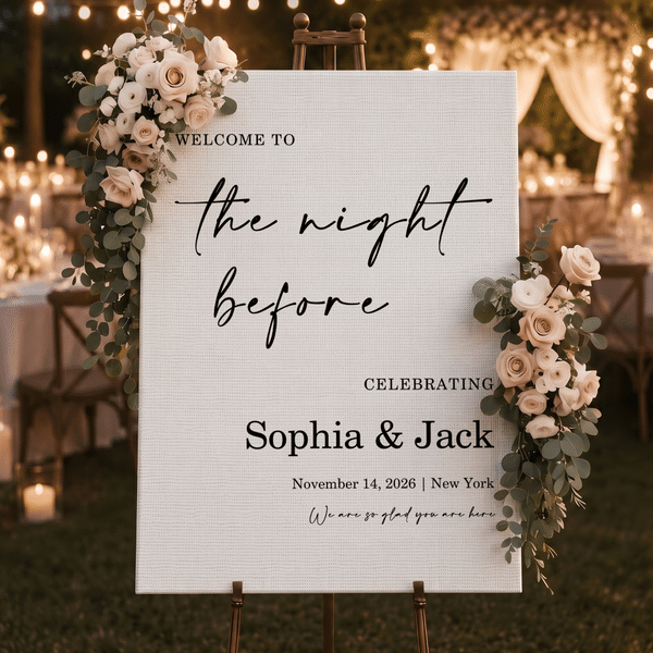 Personalized Minimalist Floral Welcome To the Night Before Celebrating Wedding Welcome Sign Poster with Name and Text Wedding Gift for Newlyweds