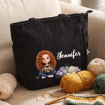 Personalised Knitted Cartoon Character Large Capacity Corduroy Tote Bag with Name and Photo Birthday Anniversary Gift for Women Knitting Lovers