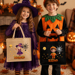 Personalized Halloween Witch Pumpkin Ghost Cartoon Kid Photo Large Capacity Jute Bag with Name Halloween Party Trick or Treat Activity Gift for Kids