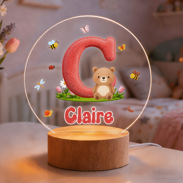Personalized Cute Animal Insect Initial LED Night Light with Wooden Base and Name Home Decor Back to School Birthday Gift for Children