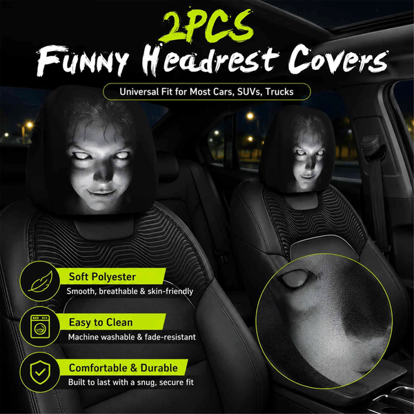 2 Pcs Spooky Car Headrest Covers, Universal Fit 3D Novelty Expression Seat Headrest Protector, Fun Vehicle Interior Decor, Gift for Car Lovers