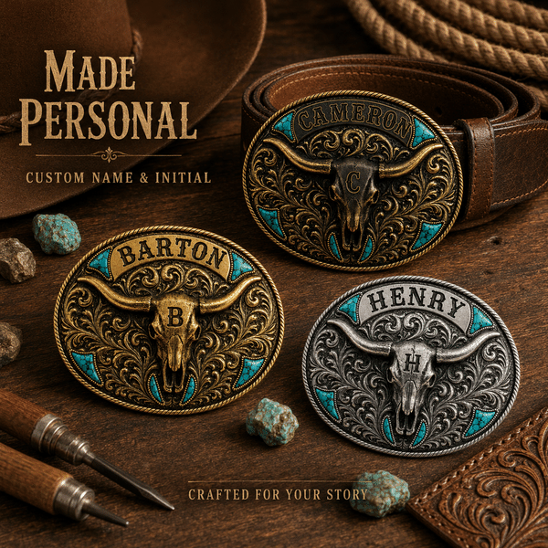Personalized Western Longhorn Belt Buckle with Name/Initial, Engraved Cowboy Rodeo Buckle with Turquoise, Father's Day/Birthday Gift for Dad/Husband