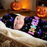 Ensemble d'emmaillotage et de bonnet à nœuds personnalisé citrouille fantôme toile d'araignée avec nom Halloween Baby Shower Birthday Gift for Newborns (Cadeau d'anniversaire pour nouveau-né)