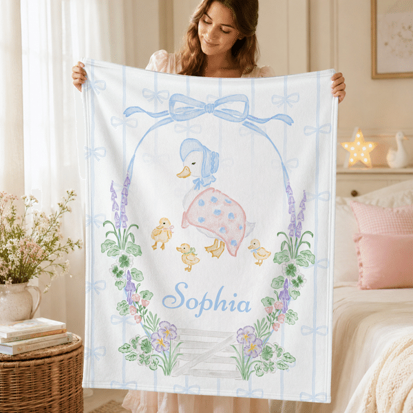 Personalised Cartoon Mother Duck Soft Throw Blanket with Name Nursery Bedding Decor Birthday Anniversary Gift for Newborns Kids
