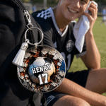 Personalised Breaking Wall Sport Ball Design Round Acrylic Keychain with Text Number and Tassel Backpack Charm Back to School Gift for Sports Lovers