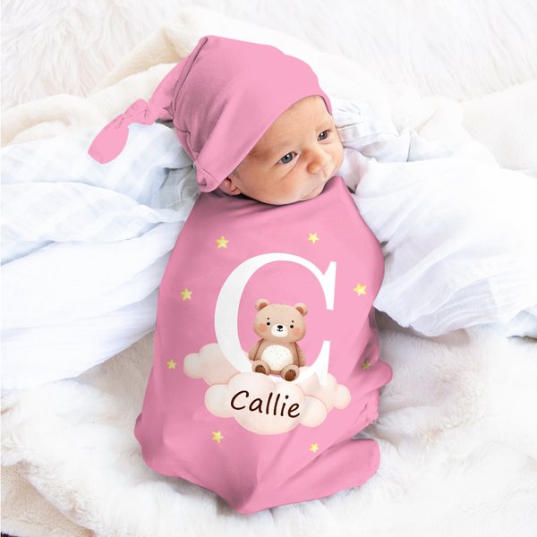 Personalized Multi-color Cute Animal 100% Cotton Soft Swaddle and Knot Hat Set with Initial and Name Baby Shower Baptism Gift for Newborn
