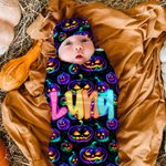 Ensemble d'emmaillotage et de bonnet à nœuds personnalisé citrouille fantôme toile d'araignée avec nom Halloween Baby Shower Birthday Gift for Newborns (Cadeau d'anniversaire pour nouveau-né)