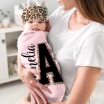 Personalisierte Leopard Initial Name 100% Baumwolle Swaddle und Knoten Hut Set Baby Dusche Geburtstag Geschenk für Neugeborene